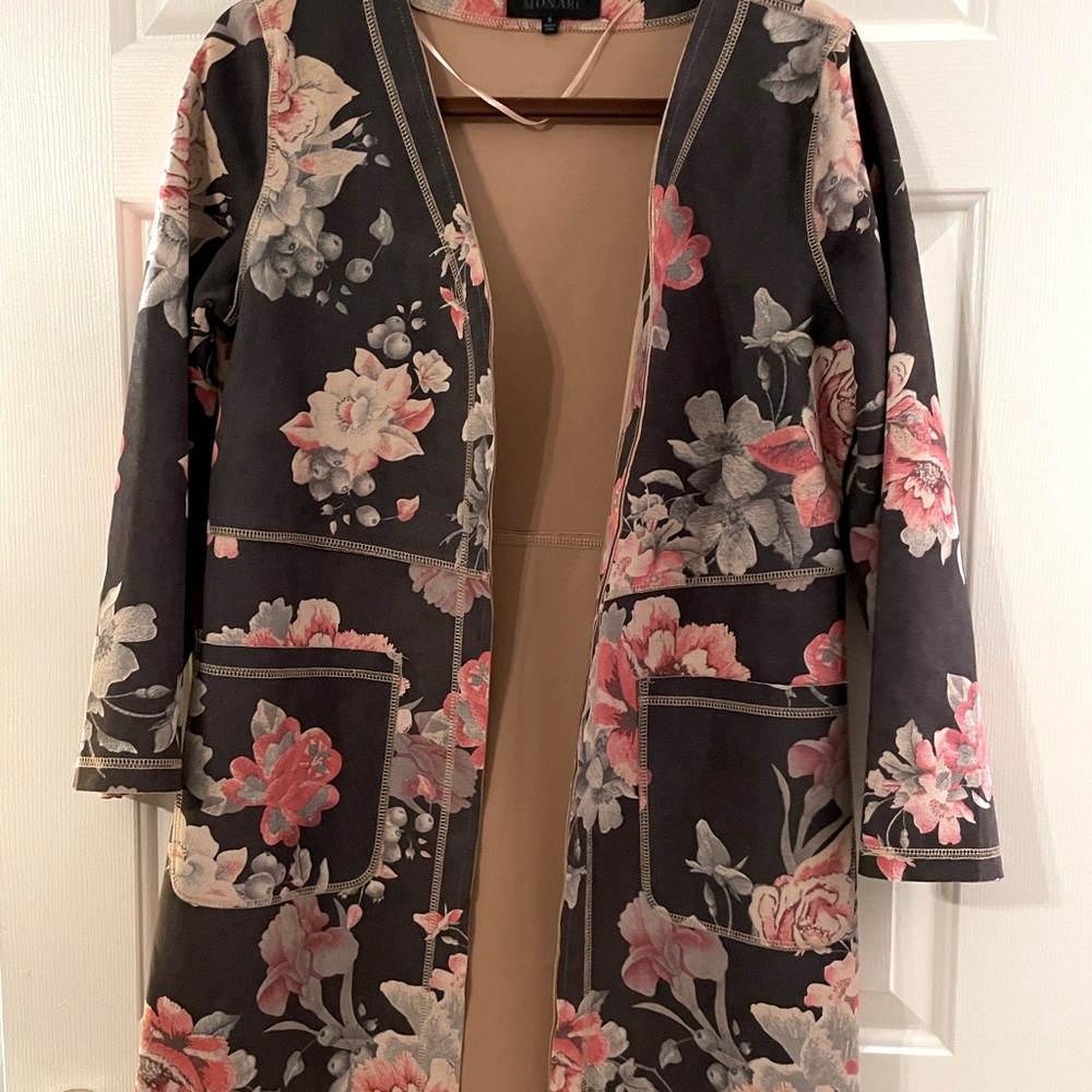 Floral fit/flare suede open jacket